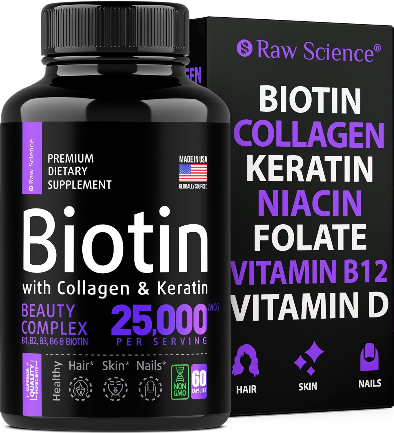 Biotin And Collagen Supplements With Keratin – Hair Skin And Nails Vitamins: Biotin 5000Mcg, Keratin, Collagen For Women & Men – Skin & Hair Vitamins, Nail And Hair Growth Supplement – 60 Capsules