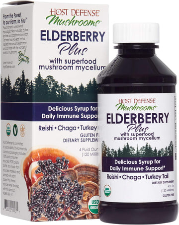 Host Defense, Elderberry Plus Syrup, Superfood Immune Support, Mushroom Supplement, 4