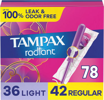 Tampax Radiant Tampons Multi Pack with LeakGuard Braid, Light/Regular Absorbency, Unscented, 26 Count x 3 Packs (78 count total)