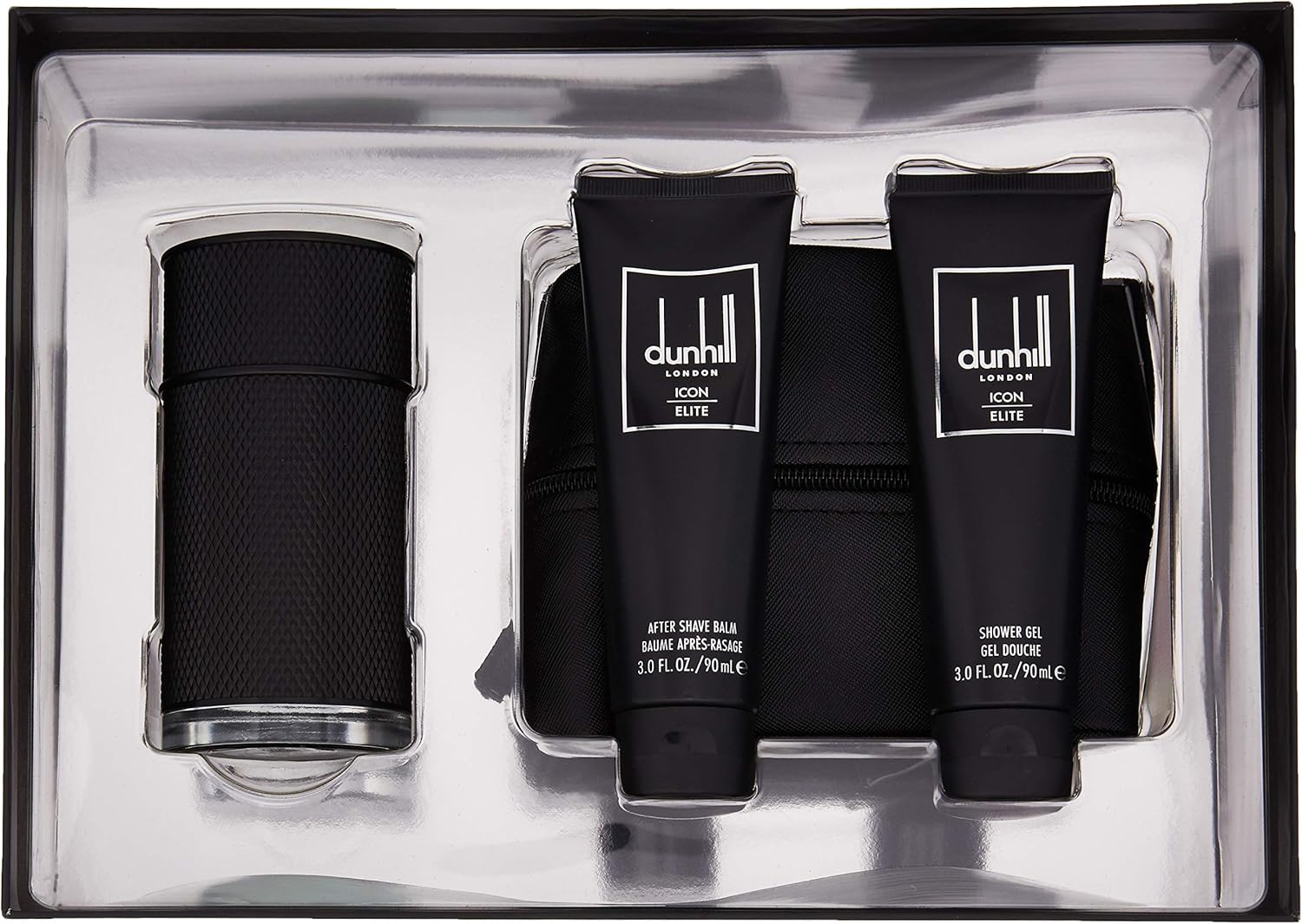 Dunhill Icon Elite For Men 4 Pc Gift Set 3.4Oz Edp Spray, 3Oz Shower Gel, 3Oz After Shave Balm, Pouch, Sandal Wood, Black Suede, 1427.0 Gram