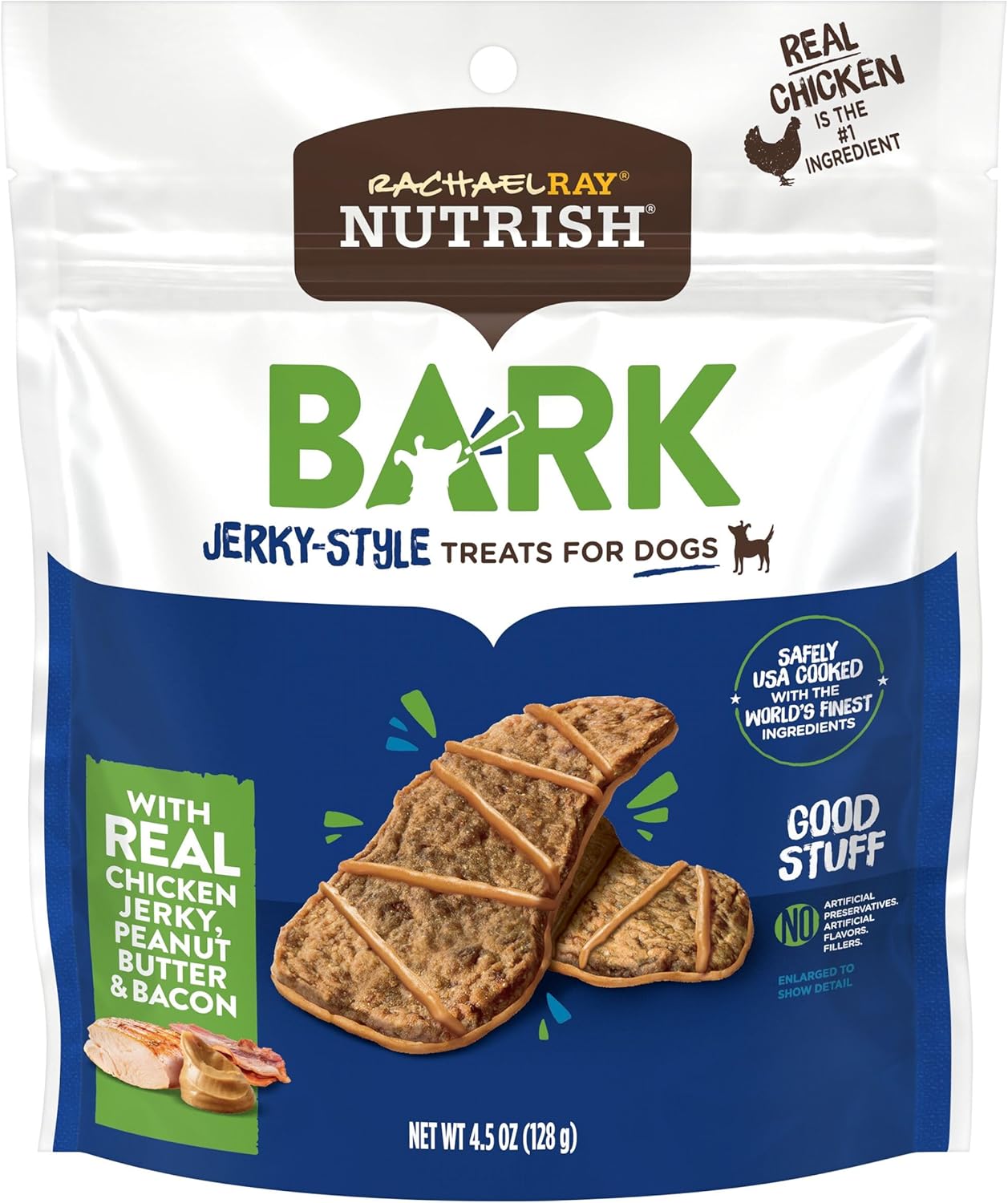 Nutrish Rachael Ray Bark Jerky-Style Dog Treats With Real Chicken Jerky, Peanut Butter & Bacon, 4.5 Ounce (Pack Of 5)