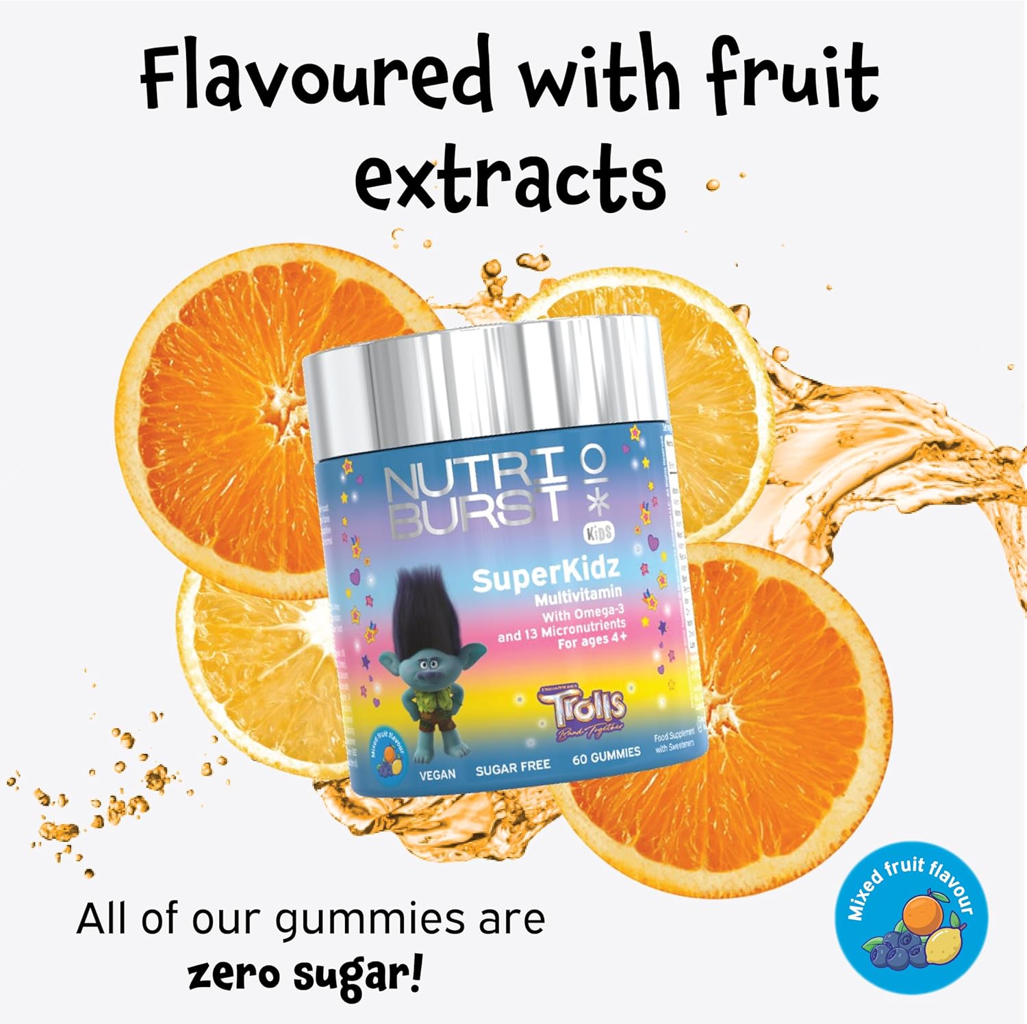 Nutriburst TROLLS SuperKidz - Chewable Multivitamin for Health, Growth & Development - 13 Essential Nutrients: Vitamin A, B12 C, D3, E, Iron, Omega-3 - Vegan + Sugar Free - Orange Flavour - 60 Gummies : Amazon.co.uk: Health & Personal Care