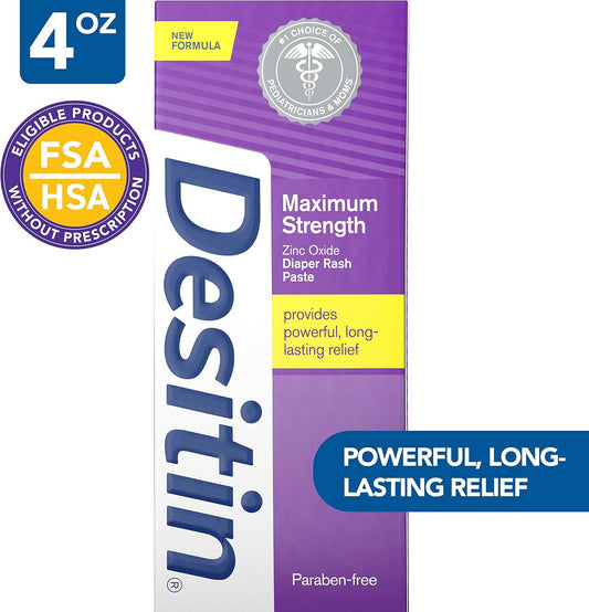 Desitin Maximum Strength, 40% Zinc Oxide Diaper Rash Cream, 4 Oz, Baby, Hypoallergenic, Phthalate- & Paraben-Free Paste