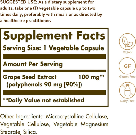 Solgar Grape Seed Extract 100 mg, 60 Vegetable Capsules - Phytonutrient Antioxidant Support - Cardio Support - Vegan, Gluten Free, Dairy Free - 60 Servings