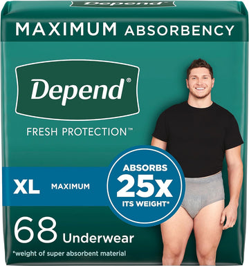 Depend Fresh Protection Adult Incontinence Underwear For Men, Disposable, Maximum, Extra-Large, Grey, 68 Count (2 Packs Of 34), Packaging May Vary