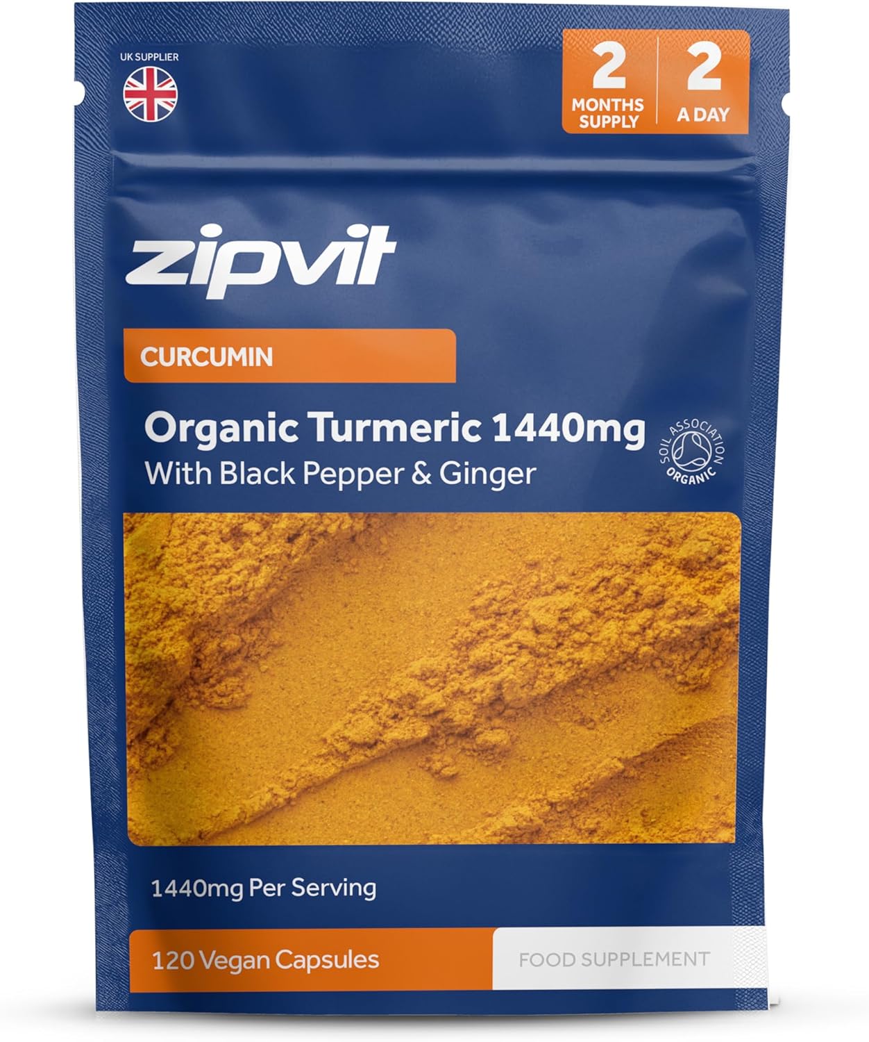 Zipvit Organic Turmeric Curcumin 1440Mg With Organic Black Pepper And Ginger Root, 120 Vegan Capsules, 2-Month Supply, Soil Association Certified, High Strength Turmeric Supplement