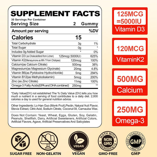 Vitamin D3 K2 Gummies For Women: Sugar Free Chewable 5000 Iu D3 + 120 Mcg K2 (Mk-7) Supplement With Magnesium Omega-3 Zinc Calcium Methyl B12 For Immune Health - High Absorption For Adults(60Count)
