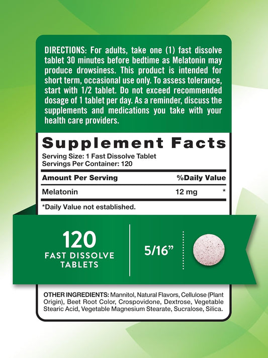 Melatonin Fast Dissolve | 12Mg | 120 Tablets | Natural Berry Flavor | Vegan, Non-Gmo & Gluten Free Supplement | By Nature'S Truth