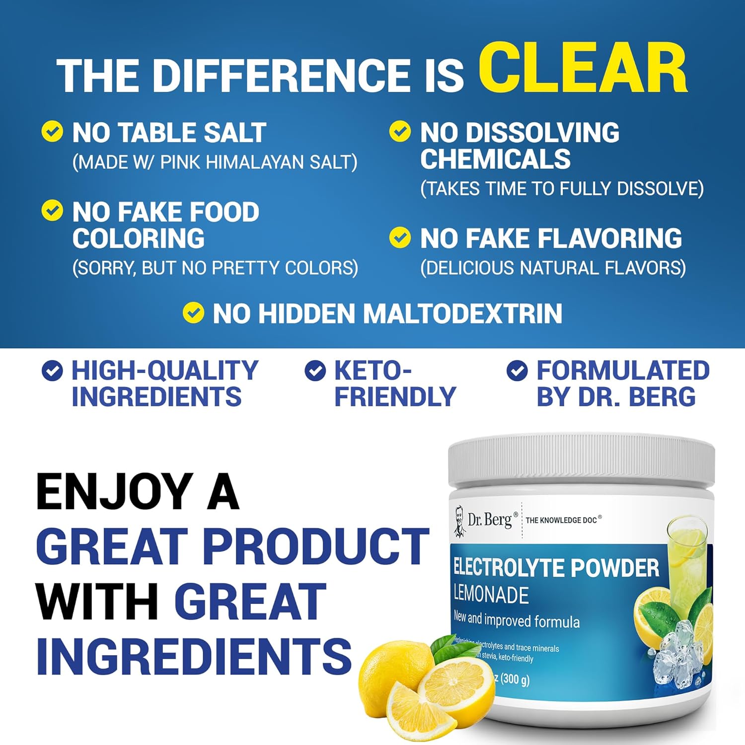 Dr. Berg Zero Sugar Hydration Keto Electrolyte Powder - Enhanced w/ 1000 mg of Potassium & Real Pink Himalayan Salt (NOT Table Salt) - Lemonade Flavor Hydration Drink Mix Supplement - 50 Servings : Health & Household