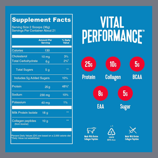 Vital Proteins Performance Protein Powder, 25g Lactose-Free Milk Isolate Casein & Whey Blend Protein Powder with 10g Grass-Fed Collagen Peptides, 8g EAAs, 5g BCAAs, Gluten-Free - Strawberry, 1.68lb