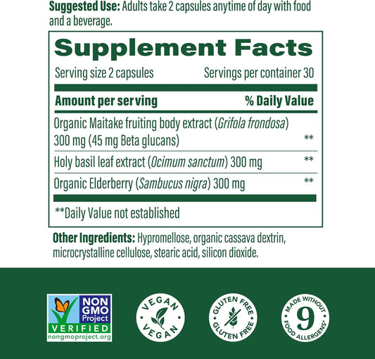 MegaFood Superfood Mushroom Immune Support - Maitake Mushroom Supplement with Elderberry & Holy Basil to Help Support a Healthy Immune System - Doctor Formulated, Vegan - 60 Capsules, 30 Servings