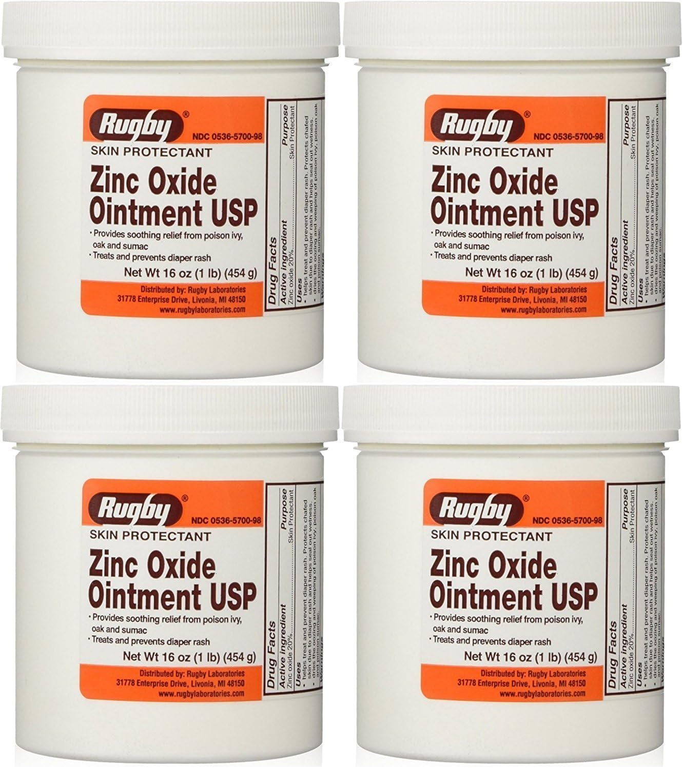 Zinc Oxide 20% Skin Protectant Ointment for Diaper Rash, Chaffed Skin 1 Lb. Jar Pack of 4 Jars Total 4 Lb's (4)