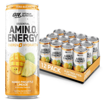 Optimum Nutrition Amino Energy Sparkling Hydration Drink, Electrolytes, Caffeine, Amino Acids, Bcaas, Sugar Free, Mango Pineapple Limeade, 12 Fl Oz, 12 Pack (Packaging May Vary)