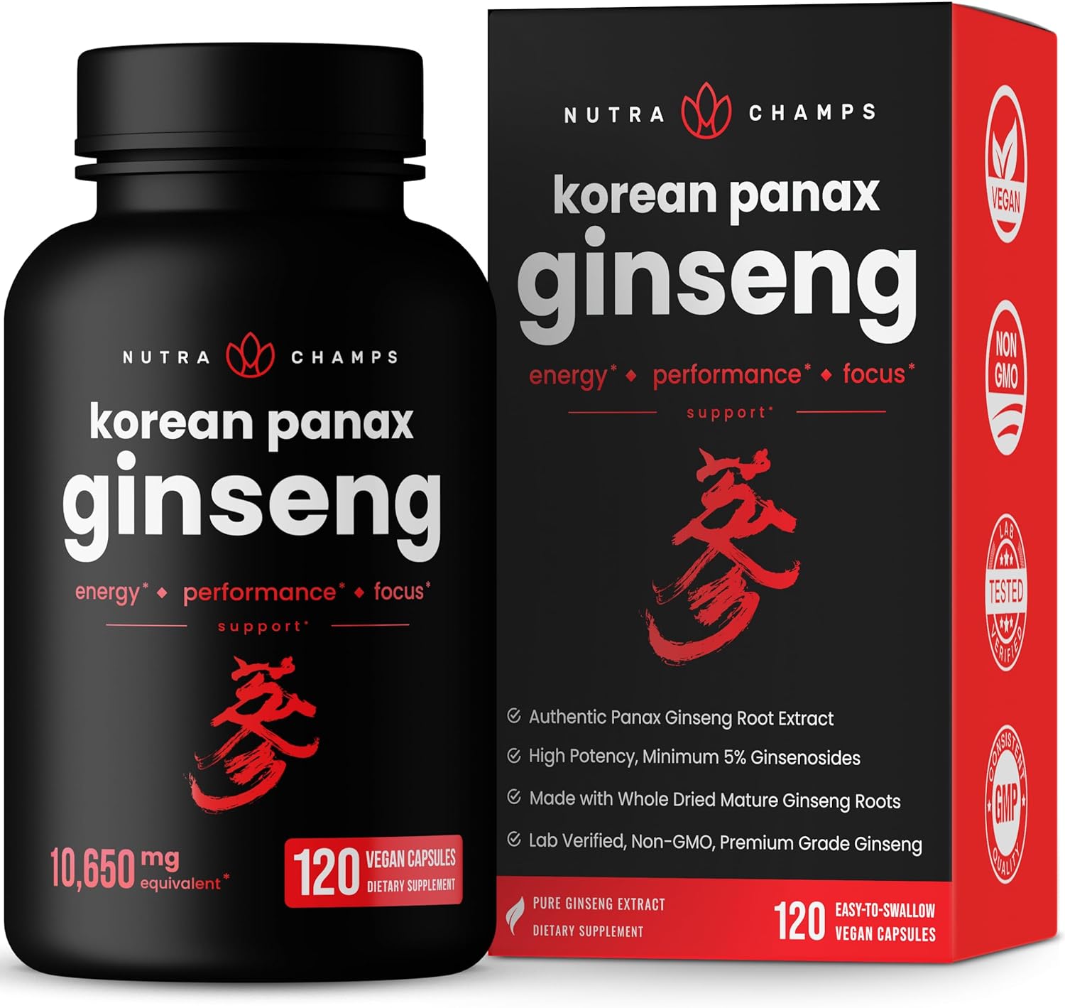 Nutrachamps Korean Red Panax Ginseng Capsules | Extra Strength Ginsenosides For Energy, Focus, Performance, Vitality & Immune Support | Korean Red Ginseng Root Extract (120, Red)