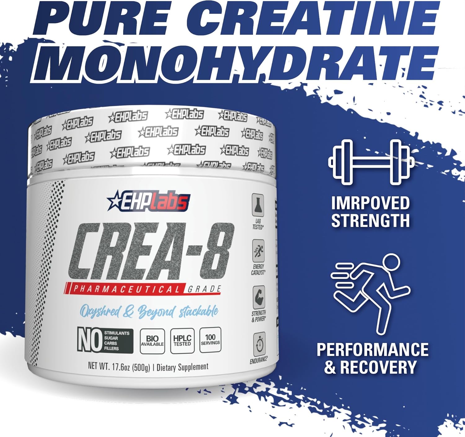 Ehp Labs Crea-8 Creatine Monohydrate Powder - Unflavored Creatine Powder For Muscle Growth, Increased Strength, Enhanced Energy Output And Improved Performance - 100 Servings (500G) : Health & Household
