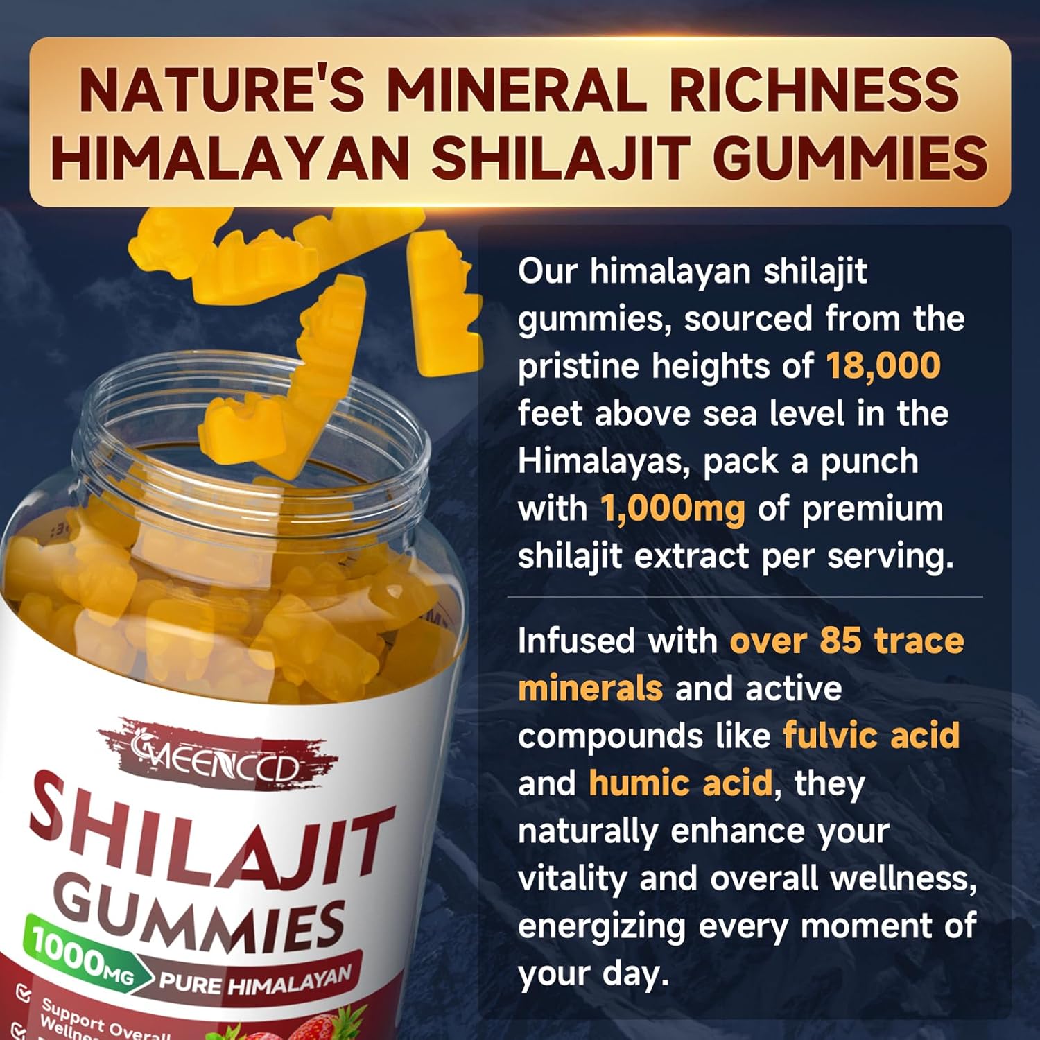 Sugar-Free Shilajit Gummies 1000 Mg With 85+ Trace Minerals & Fulvic Acid, Pure Himalayan Shilajit Supplement Gummies For Men & Women - Energy, Brain, Immunity - Strawberry Flavor, 60 Count