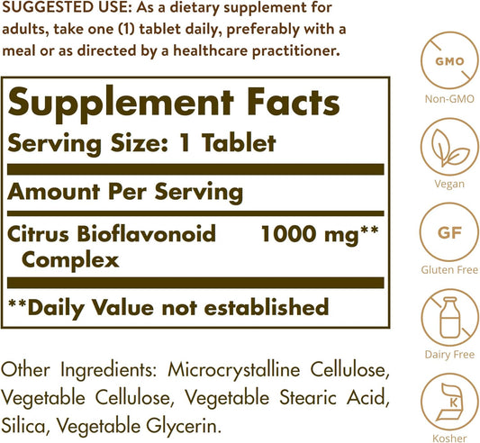 Solgar Citrus Bioflavonoid Complex 1000 mg, 250 Tablets - Antioxidant Support - Promotes Optimal Health - Non-GMO, Vegan, Gluten Free, Dairy Free, Kosher - 250 Servings