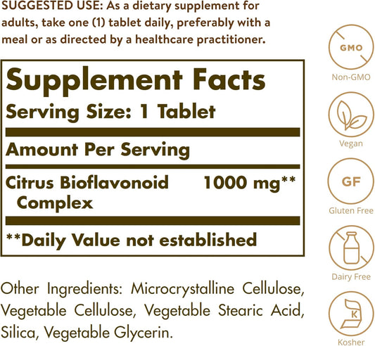 Solgar Citrus Bioflavonoid Complex 1000 Mg, 250 Tablets - Antioxidant Support - Promotes Optimal Health - Non-Gmo, Vegan, Gluten Free, Dairy Free, Kosher - 250 Servings