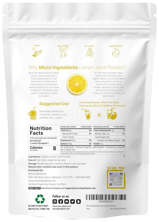 Organic Lemon Juice Powder, 10 Ounce | 100% Natural Fruit Powder | Cold Pressed Lemons Source | No Sugar & Additives | Great Flavor For Drinks, Smoothie, & Beverages | Non-Gmo & Vegan Friendly