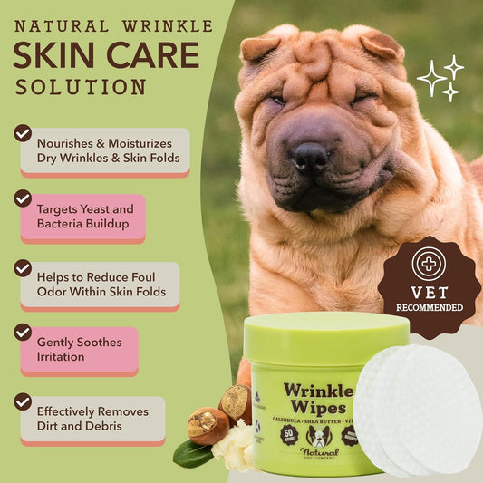 Natural Dog Company Wipes Bundle - (1) Wrinkle Balm Wipes, 50 Count (1) Skin Soother Wipes, 50 Count, Hypoallergenic, Soothing & Deoderizing Wipes For Dogs