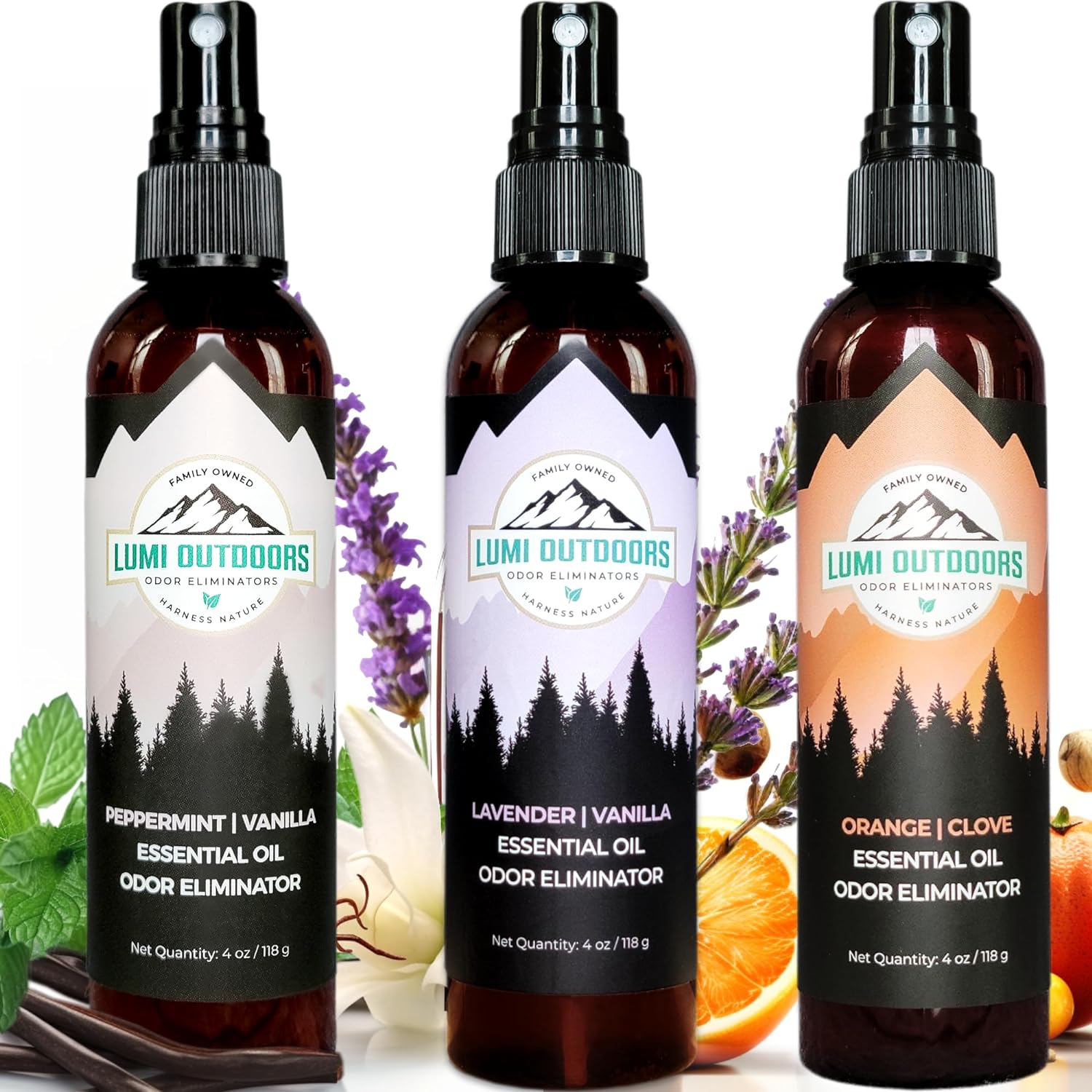 Lumi Outdoors Natural Air Freshener Spray - 3 Pack Bundle - Peppermint Vanilla, Lavender Vanilla, Orange Clove Room Sprays