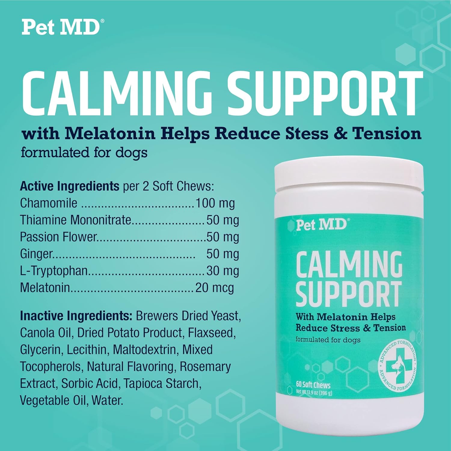 Pet MD Calming Chews for Dogs - Separation Anxiety Relief for Dogs - Enhanced with Melatonin & Ginger - Puppy & Dog Calming Treats for Chronic or Acute Anxiety - 60 ct : Pet Supplies