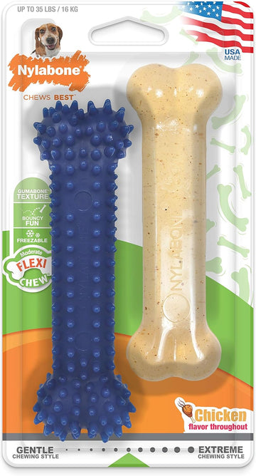 Nylabone Dental Chew And Flexi Bone Combo Pack Dog Chew Toys Chicken Flavor Medium/Wolf - Up To 35 Lbs