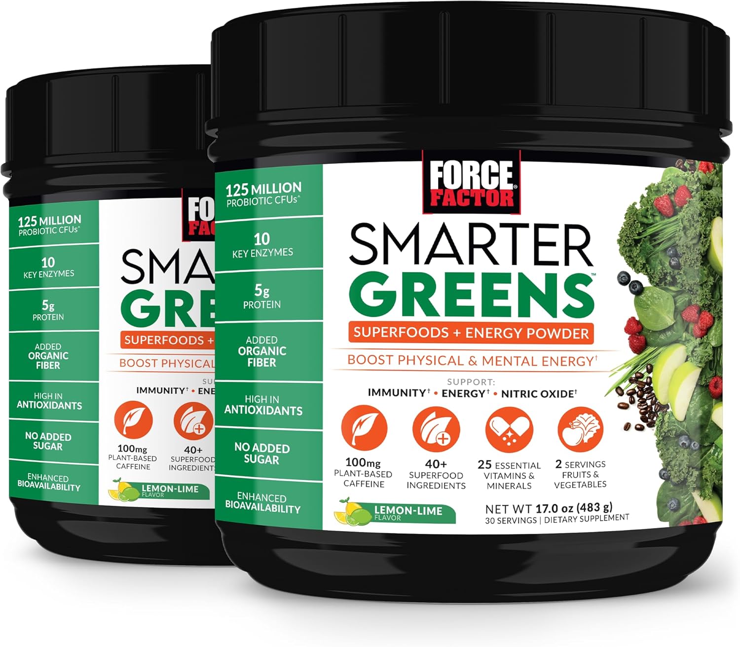Force Factor Smarter Greens Superfoods + Energy Powder, 2-Pack, Greens Powder With Plant-Based Caffeine, Probiotics, Digestive Enzymes, Superfood Powder, Boost Energy, Support Immunity, 60 Servings