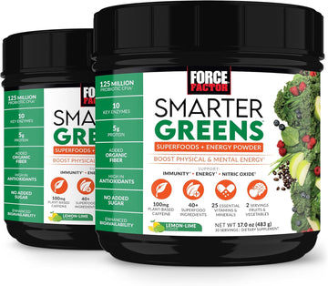 Force Factor Smarter Greens Superfoods + Energy Powder, 2-Pack, Greens Powder With Plant-Based Caffeine, Probiotics, Digestive Enzymes, Superfood Powder, Boost Energy, Support Immunity, 60 Servings