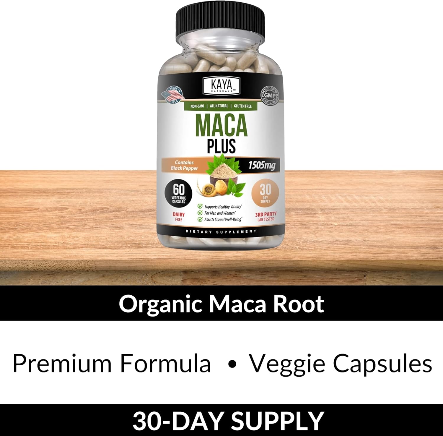 Kaya Naturals MACA Plus (60 Capsules) | Organic Maca Root Capsules for Women and Men | Black Pepper with Red, Yellow, and Black Maca Root Powder | Natural Energy Supplement and Herbal Supplement : Health & Household
