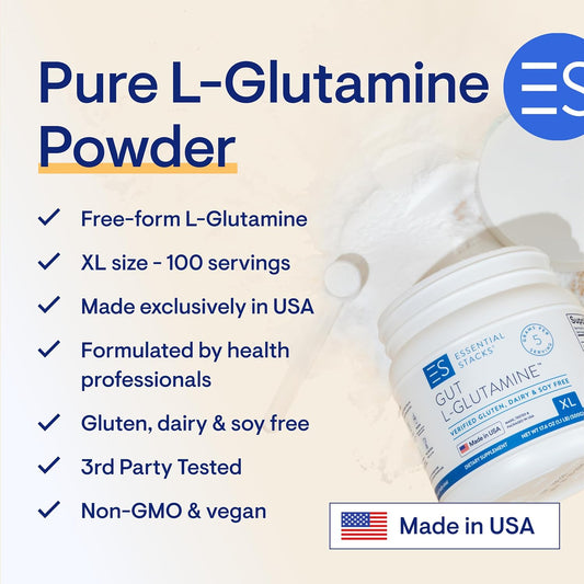 Essential Stacks Gut L Glutamine Powder Xl (500 Grams) - Made In Usa, Non-Gmo, Gluten Free, Vegan, Unflavored (100 Servings)