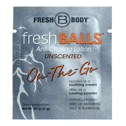 Fresh Body FB Fresh Balls On-The-Go Anti Chafing Lotion, 0.07 Fl Oz Travel Size Packet (30 Pack) - Ball Deodorant for Men and Soothing Chafing Cream to Powder Hygiene for Groin Area