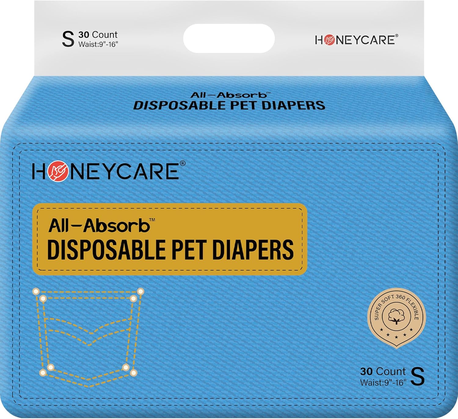 Honeycare Female Dog Diapers, Disposable Diapers For Female Dog With Stretchy Waist, Dog Pull-Ups For Easy Wear, Dogs In Heat Period Super Absorbent Leak-Proof Doggie Diapers, Size Small, 30 Count