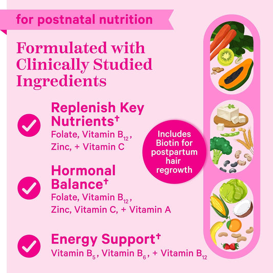 Pink Stork Total Postnatal Vitamin Gummies for Women, Postpartum Recovery and Lactation Support with Folic Acid, Vitamin B6, and Vitamin C, Postpartum Essentials - 60 Gummy Vitamins