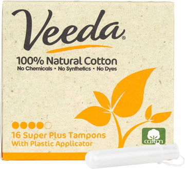 Veeda 100% Natural Cotton Compact BPA-Free Applicator Tampons, Chlorine, Toxin and Pesticide Free, Super Plus, 16 Count (Pack of 1)