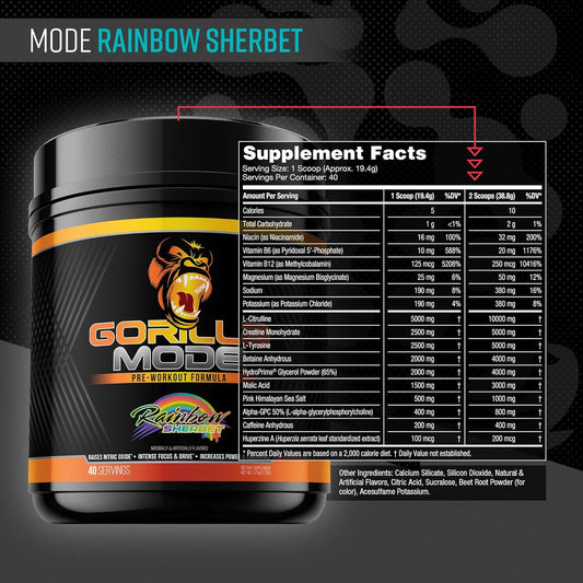 Gorilla Mode Pre Workout - Massive Pumps · Laser Focus · Energy · Power - L-Citrulline, Creatine, L-Tyrosine, Betaine, Hydroprime®, Alpha-Gpc, 400Mg Caffeine, Huperzine A - 776G (Rainbow Sherbet)