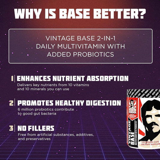 Old School Vintage Base 2-in-1 Multivitamin & Probiotic, Daily Vitamins & Minerals for Optimized Digestion, Intestinal Flora, Immune, Vitamin D3, C, & Zinc for Men & Women - 120 Veggie Caps