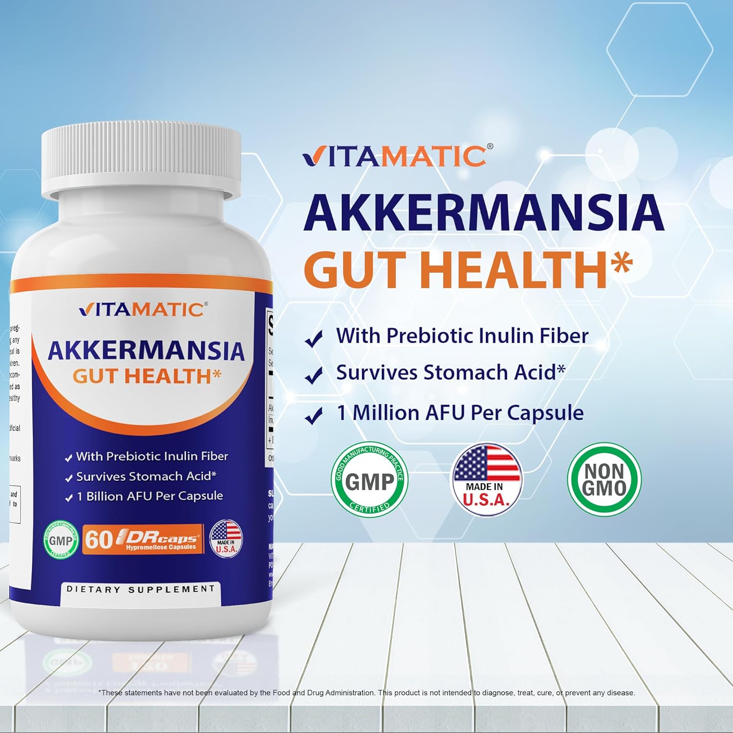Vitamatic Akkermansia Muciniphila Gut Health - 60 DR Capsules (Delayed Released) - Made with Prebiotic Inulin Fiber : Health & Household