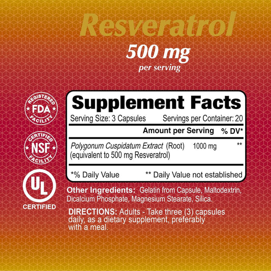 Resveratrol 1000Mg By Alfa Vitamins - Powerful Antioxidant, Helps Prevent Cell Damage - Supports Brain Function, Cardiovascular Health, Metabolism, Anti-Aging Effects - 60 Capsules