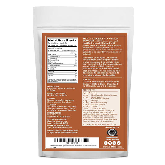 Healthworks Ceylon Cinnamon Powder Ground Raw Organic (16 Ounces / 1 Pound) | Keto, Vegan & Non-GMO | Great with Coffee, Tea & Oatmeal | Premium Antioxidant Superfood/Spice (1 Pound)