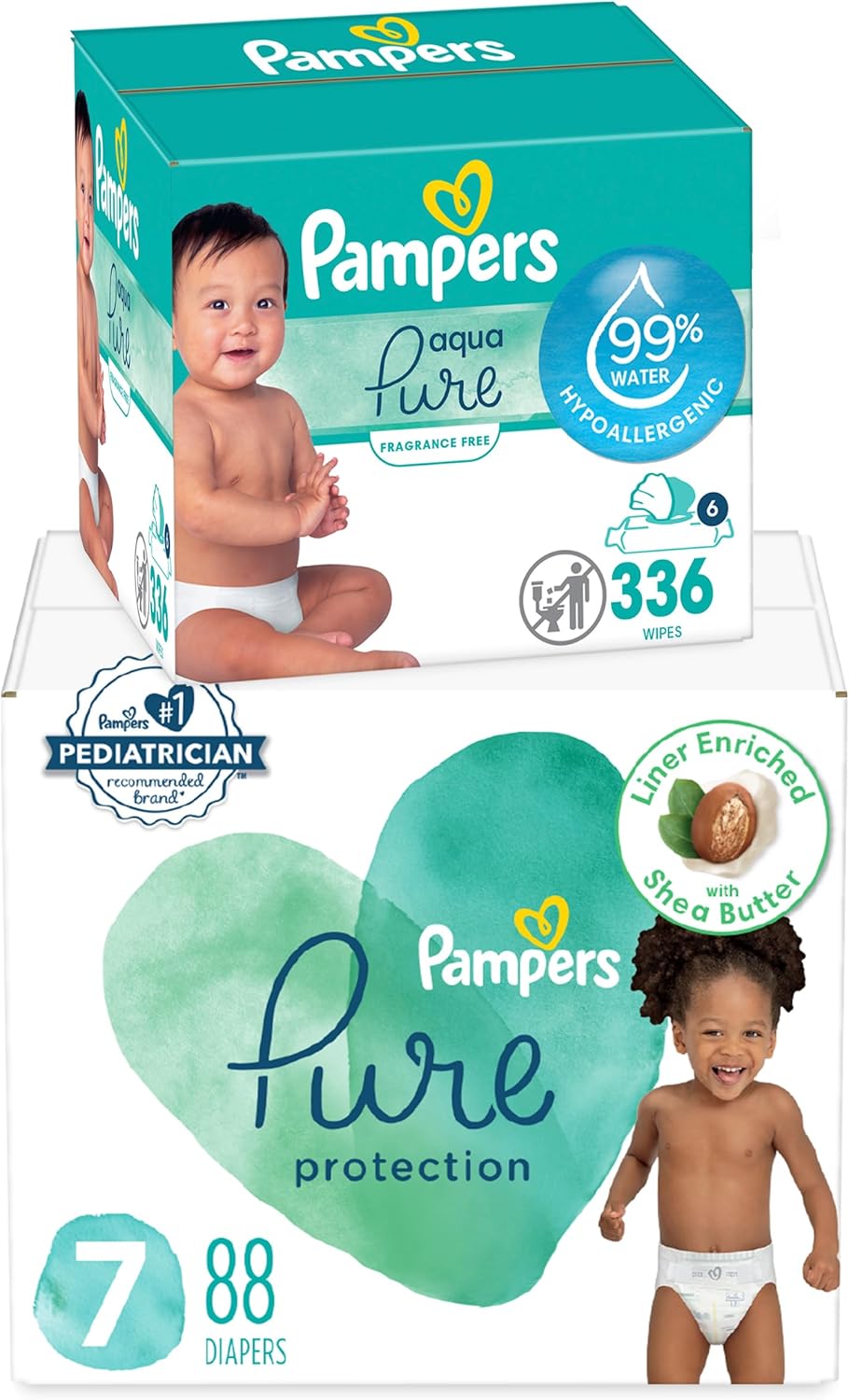 Pampers Pure Protection Disposable Baby Diapers Size 7, One Month Supply (88 Count) With Aqua Pure Baby Wipes, 6X Pop-Top Packs (336 Count)