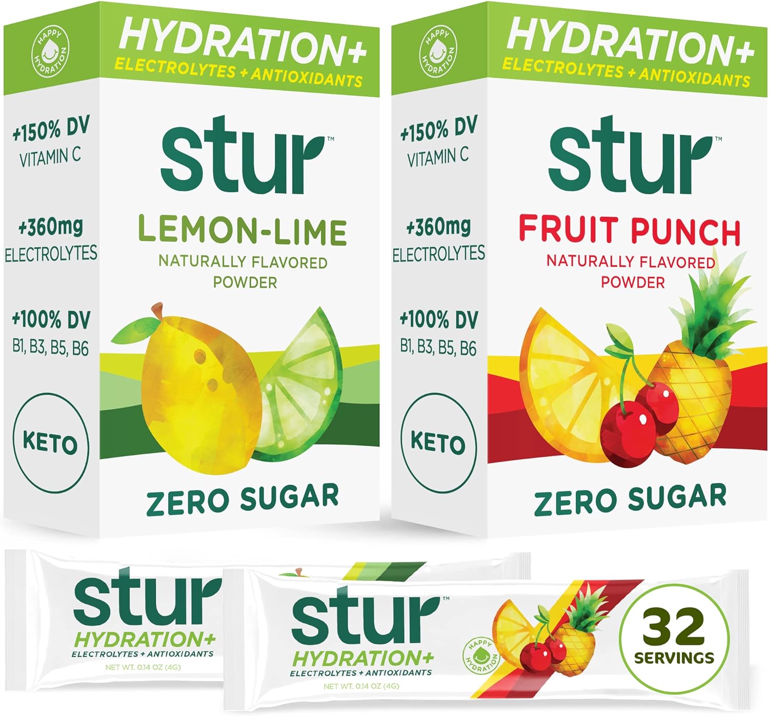 Stur Electrolyte Hydration Powder | Variety Pack| High Antioxidants & B Vitamins | Sugar Free | Non-Gmo | Daily Hydration & Workout Recovery | Keto | Paleo | Vegan (32 Packets)