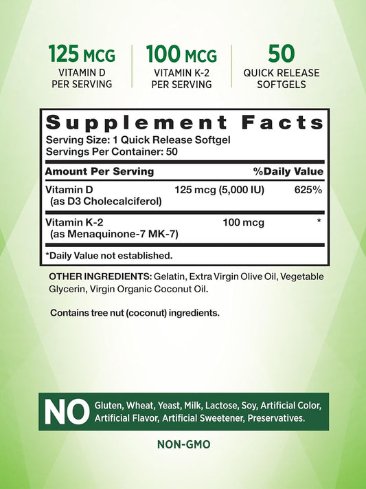 Vitamin K2 Mk7 Complex | 100 Mcg | 50 Softgels | With Vitamin D3 | Non-Gmo & Gluten Free Supplement | By Nature'S Truth