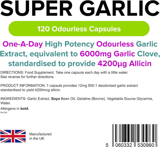 Lindens Super Garlic 6000mg High Strength Capsules | 120 Pack | High potency odourless Garlic Extract, equivalent to 6000mg garlic clove in each one a day capsule, standardised to provide 4200_g allicin