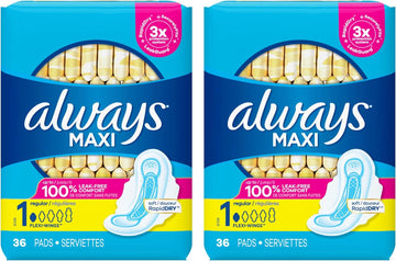 Always Maxi Size 1 Regular Pads For Women, With Wings, Unscented, 36ct - Pack of 2 (72 Count Total)