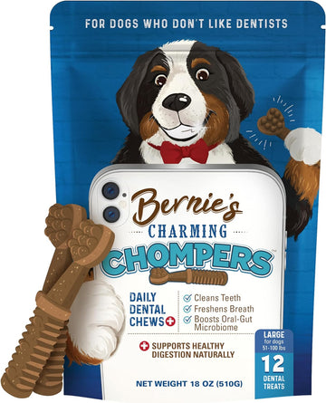 Bernie's Charming Chompers - Daily Dental Chews for Dogs 50-100 Lbs. - 12 Count - Cleans Teeth, Freshens Breath, Boosts Oral-Gut Microbiome. Easy to Digest, Supports Healthy Digestion Naturally