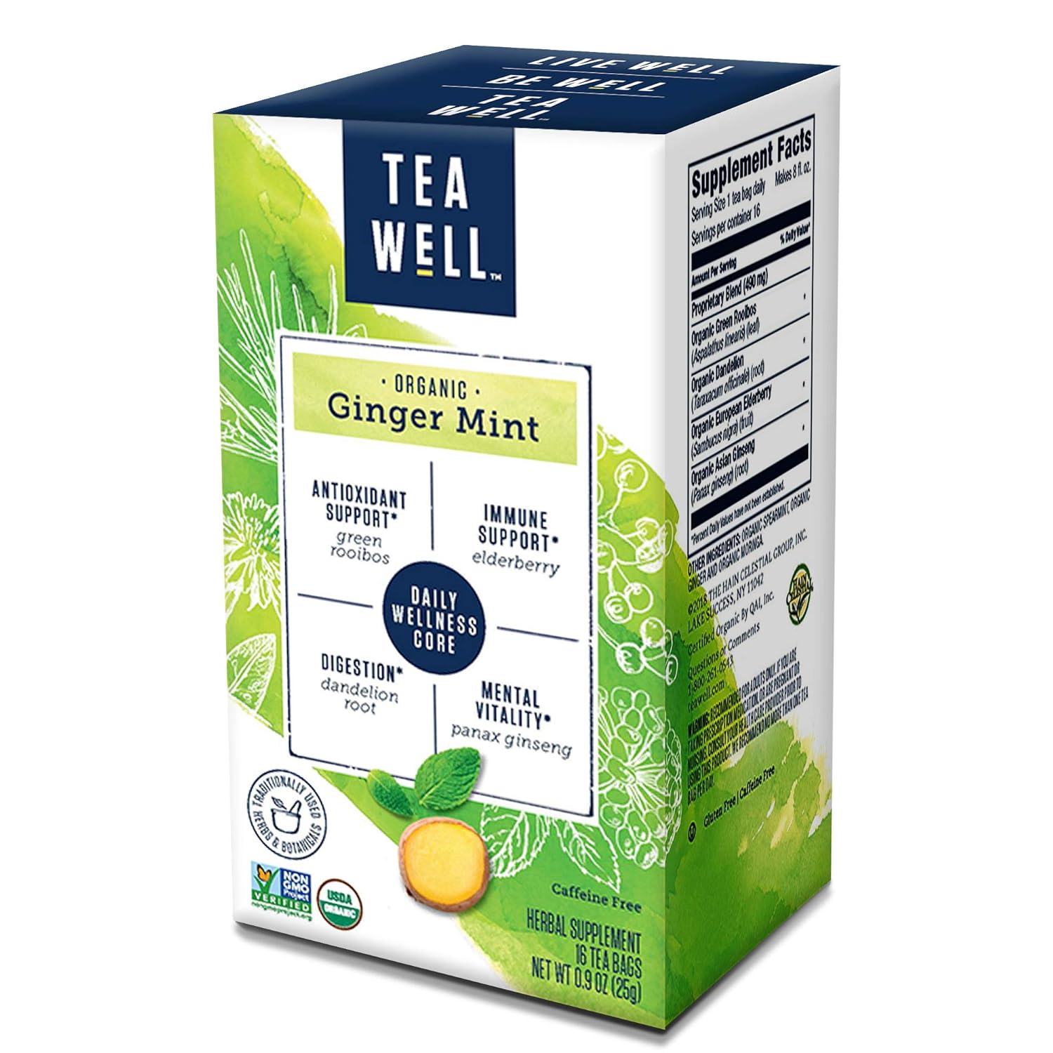 Celestial Seasonings Teawell Organic Ginger Mint Wellness Tea, 16 Count Box (Pack Of 6)