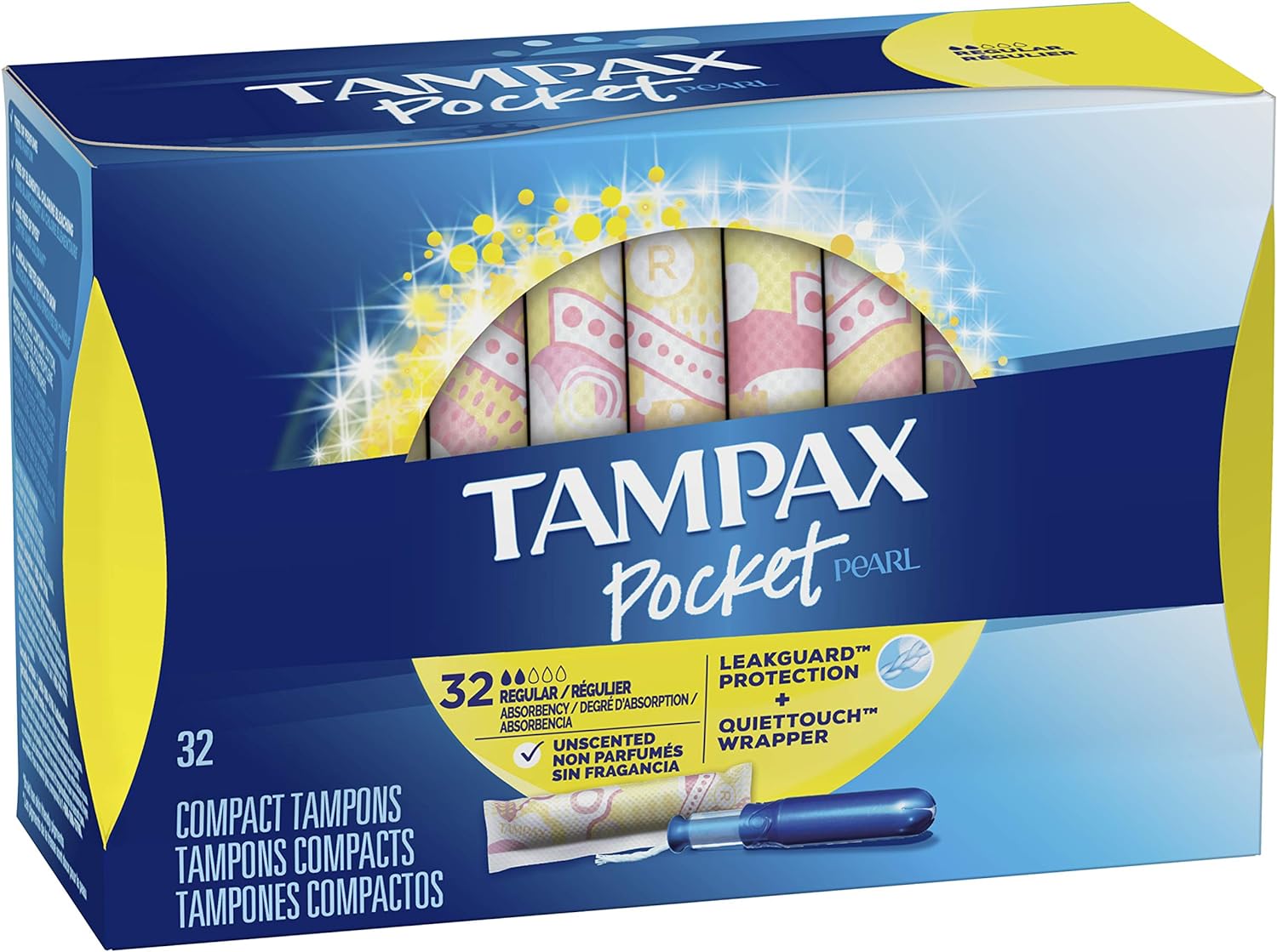 Tampax Pocket Pearl Tampons Regular Absorbency with LeakGuard Braid, Unscented, 32 Count : Health & Household