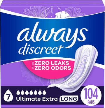 Always Discreet Adult Incontinence Pads For Women, Ultimate Extra Protect Absorbency, Long Length, Postpartum Pads, 104 Ct