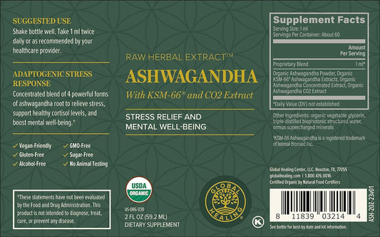 Global Healing Organic Ashwagandha Supplement Drops - Liquid Ashwagandha KSM 66 Extra Strength for Men & Women - Helps Promote Relief from Stress - 2 Fl Oz